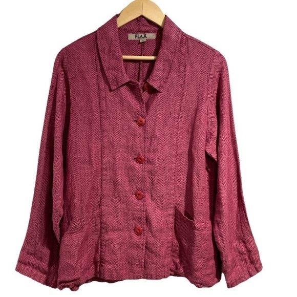 Flax shirt jacket shacket lagenlook small pink‎ herringbone 100% linen - Picture 1 of 6